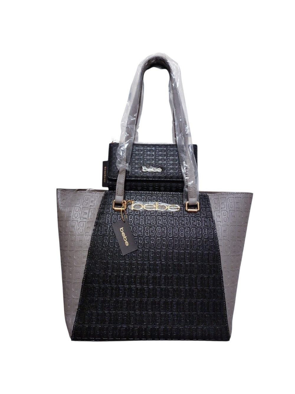bebe Black and Gray Embossed Logo Tote with Gold Accents